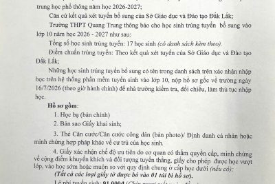 Danh sách trúng tuyển bổ sung vào lớp 10 năm học 2026 – 2027
